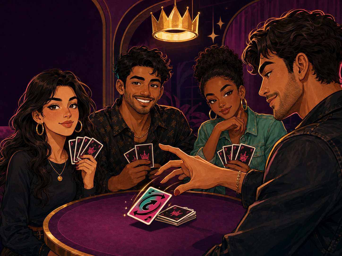 Four Plum Palace players dropping a reverse card at a late-night table